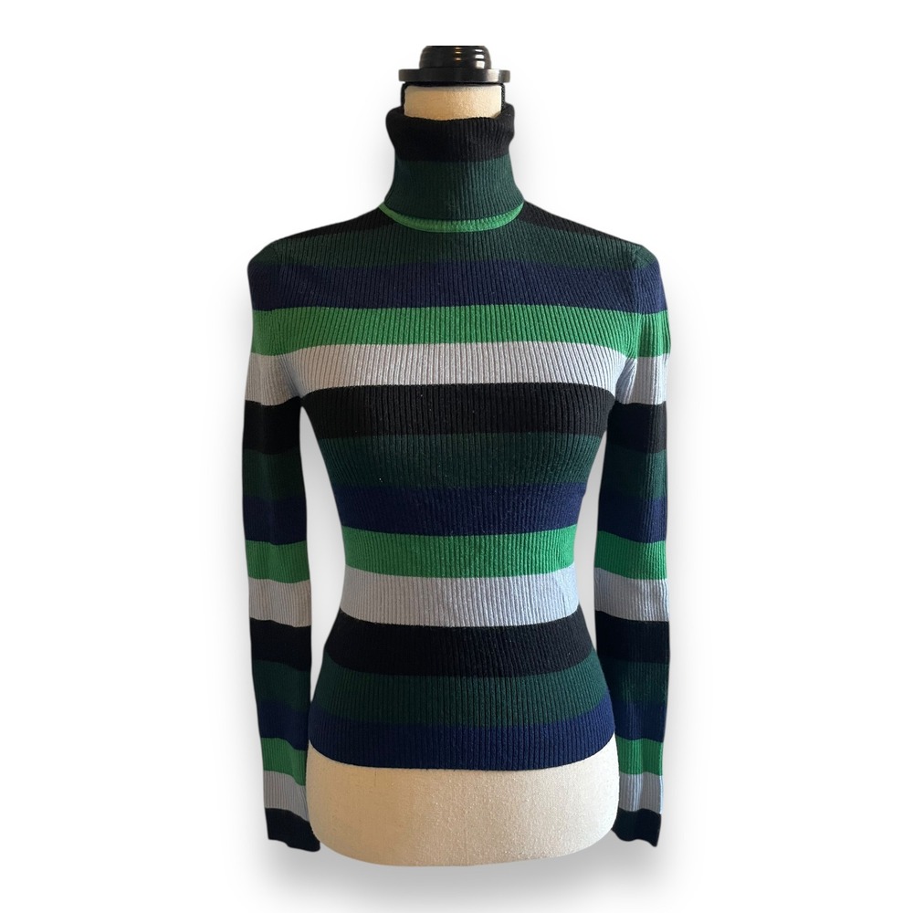Staud Womens Ribbed Turtleneck Sweater Green Blue Black Striped Merino Wool S